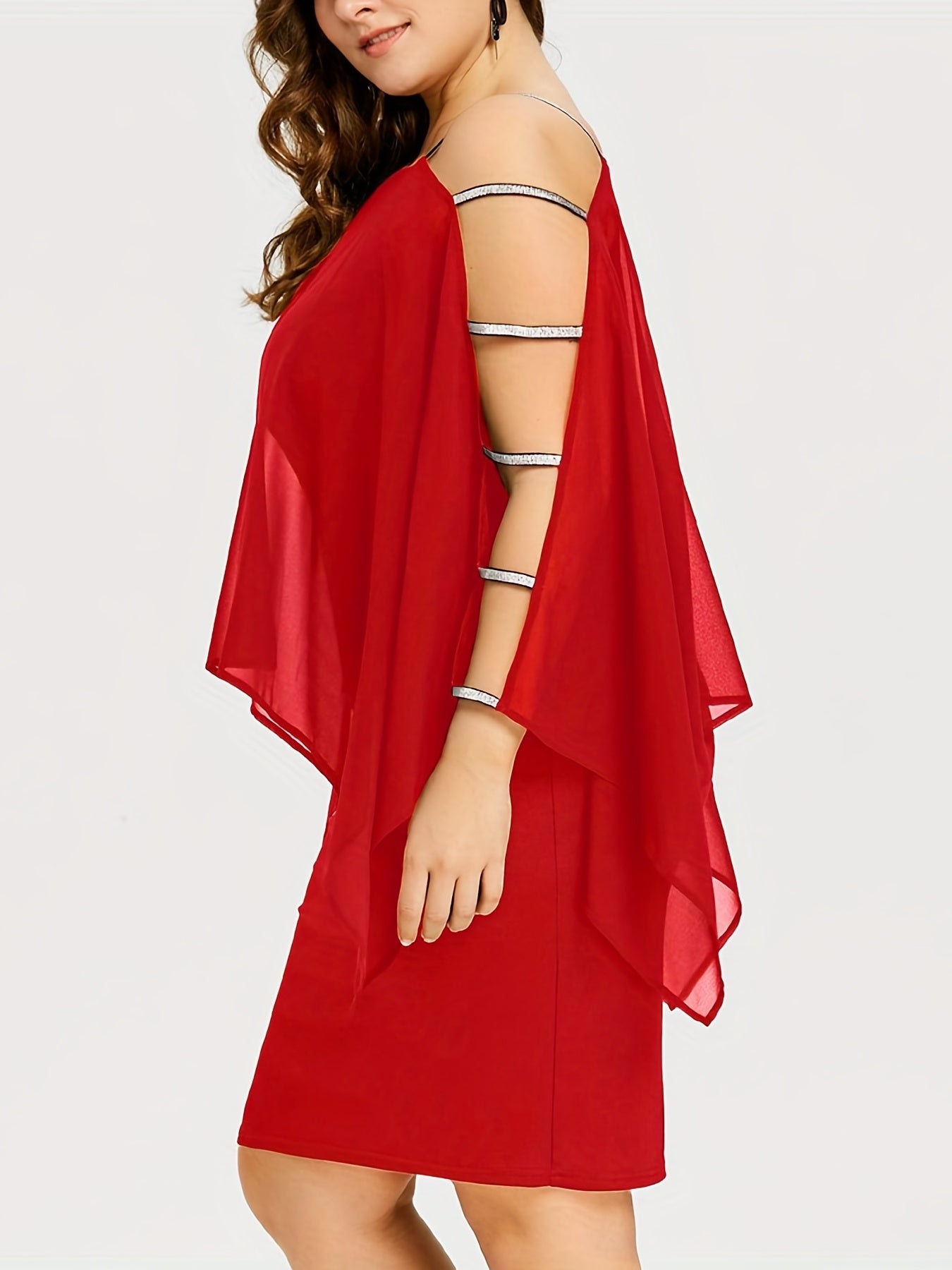  Casual Party Dress Women's Plus Mesh Layered Cut Out Sleeve Midi Dress