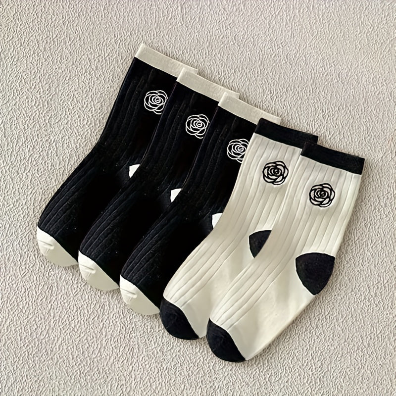 5 Pairs Floral Print Socks Comfy & Breathable Women's Mid Tube Stockings
