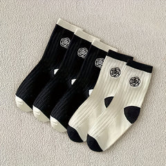 5 Pairs Floral Print Socks Comfy & Breathable Women's Mid Tube Stockings