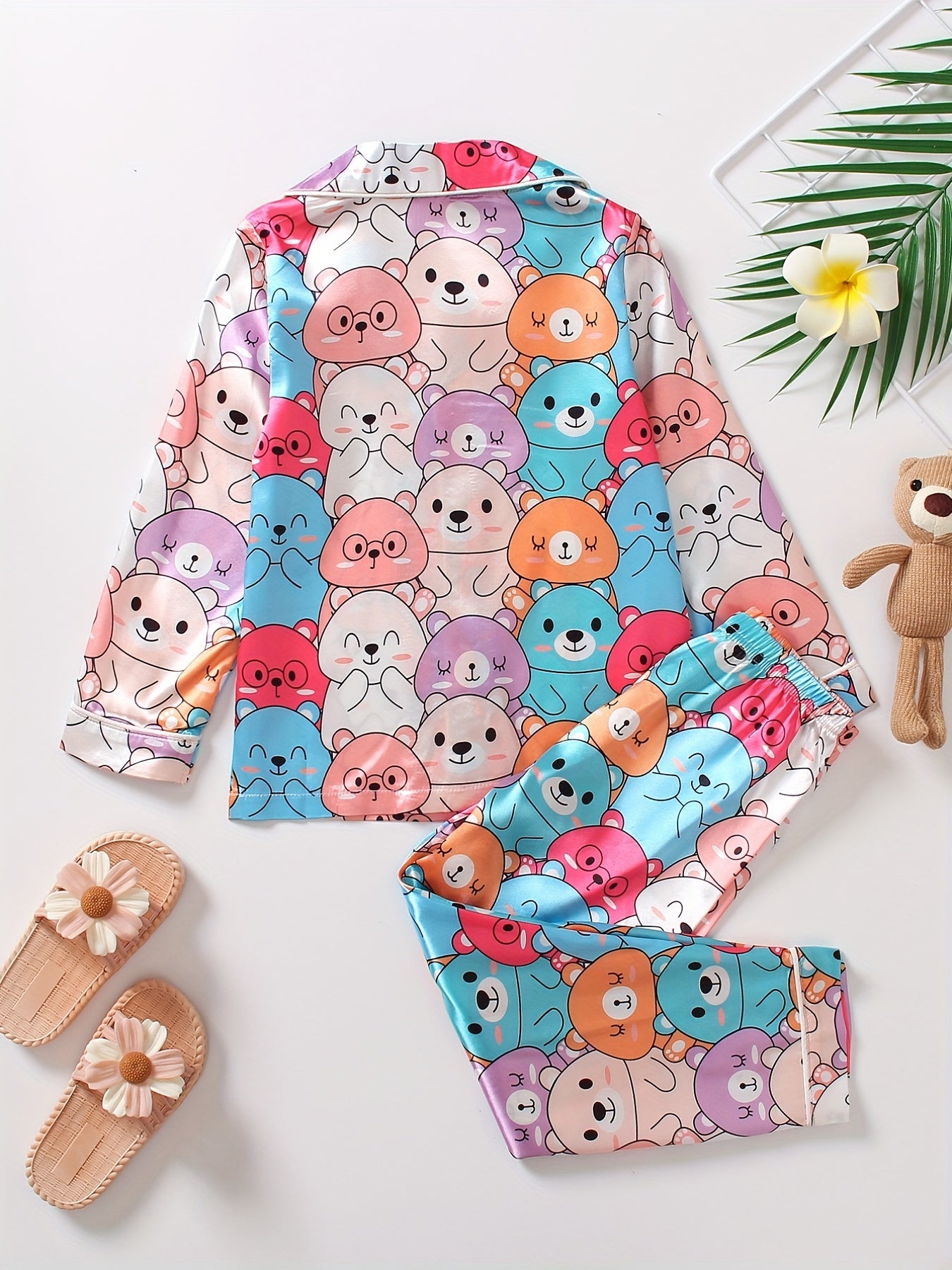 Kids 2pcs Bear Print Pajamas Button Front Long Sleeve Top & Pants Set