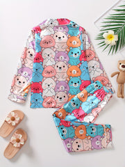 Kids 2pcs Bear Print Pajamas Button Front Long Sleeve Top & Pants Set
