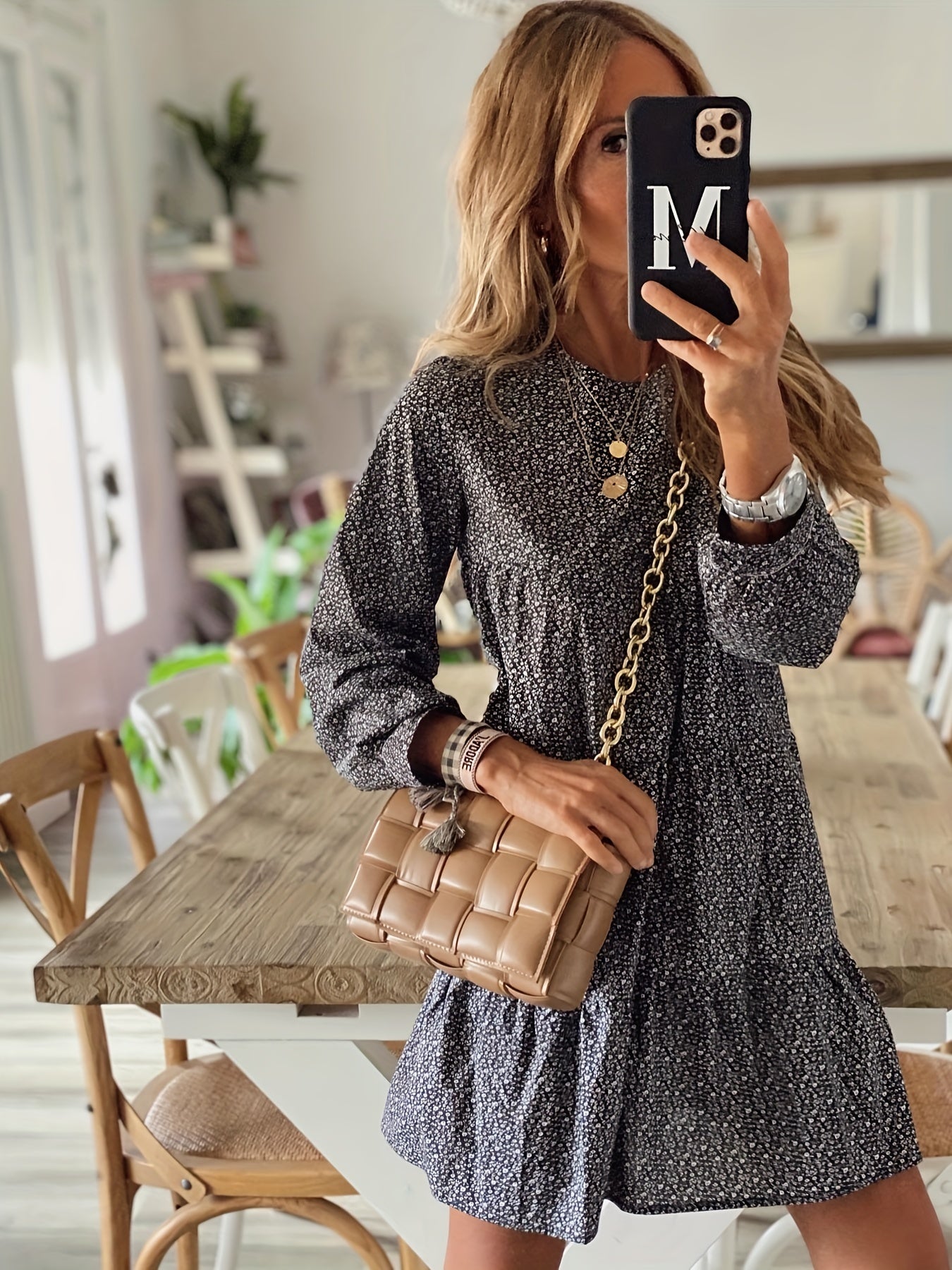 Women's Plus Ditsy Print Long Sleeve Round Neck Mini Smock Dress
