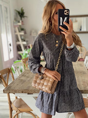 Women's Plus Ditsy Print Long Sleeve Round Neck Mini Smock Dress