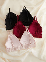 3pcs Lace Bralettes Scallop Trim Bra Women's Lingerie
