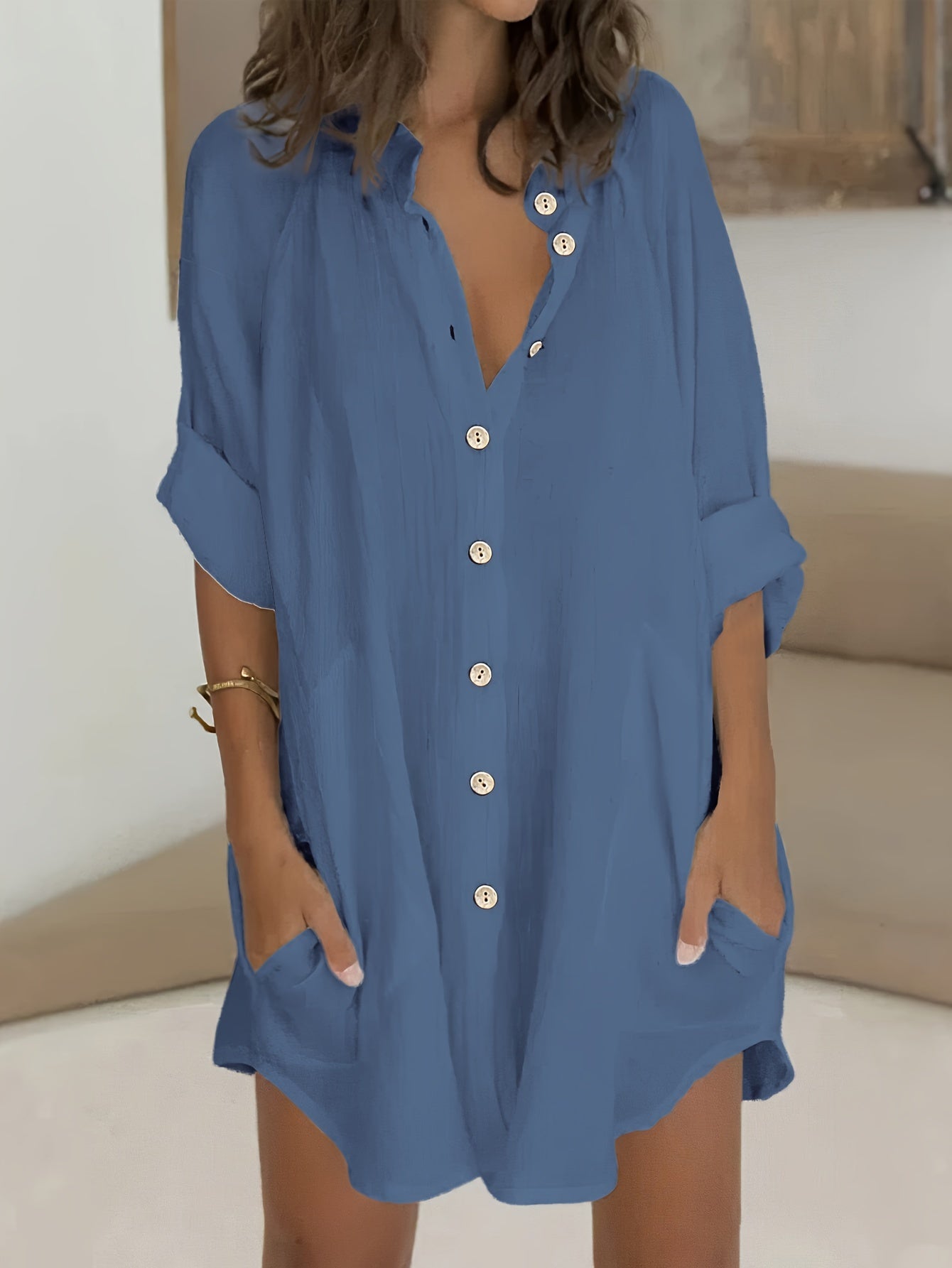  Solid Roll Up Sleeve Mock Neck Button Up Shirt Tunic Top