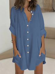  Solid Roll Up Sleeve Mock Neck Button Up Shirt Tunic Top