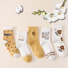5 Pairs Bear Print Socks, Comfy & Mid Tube, Women's Stockings & Hosiery