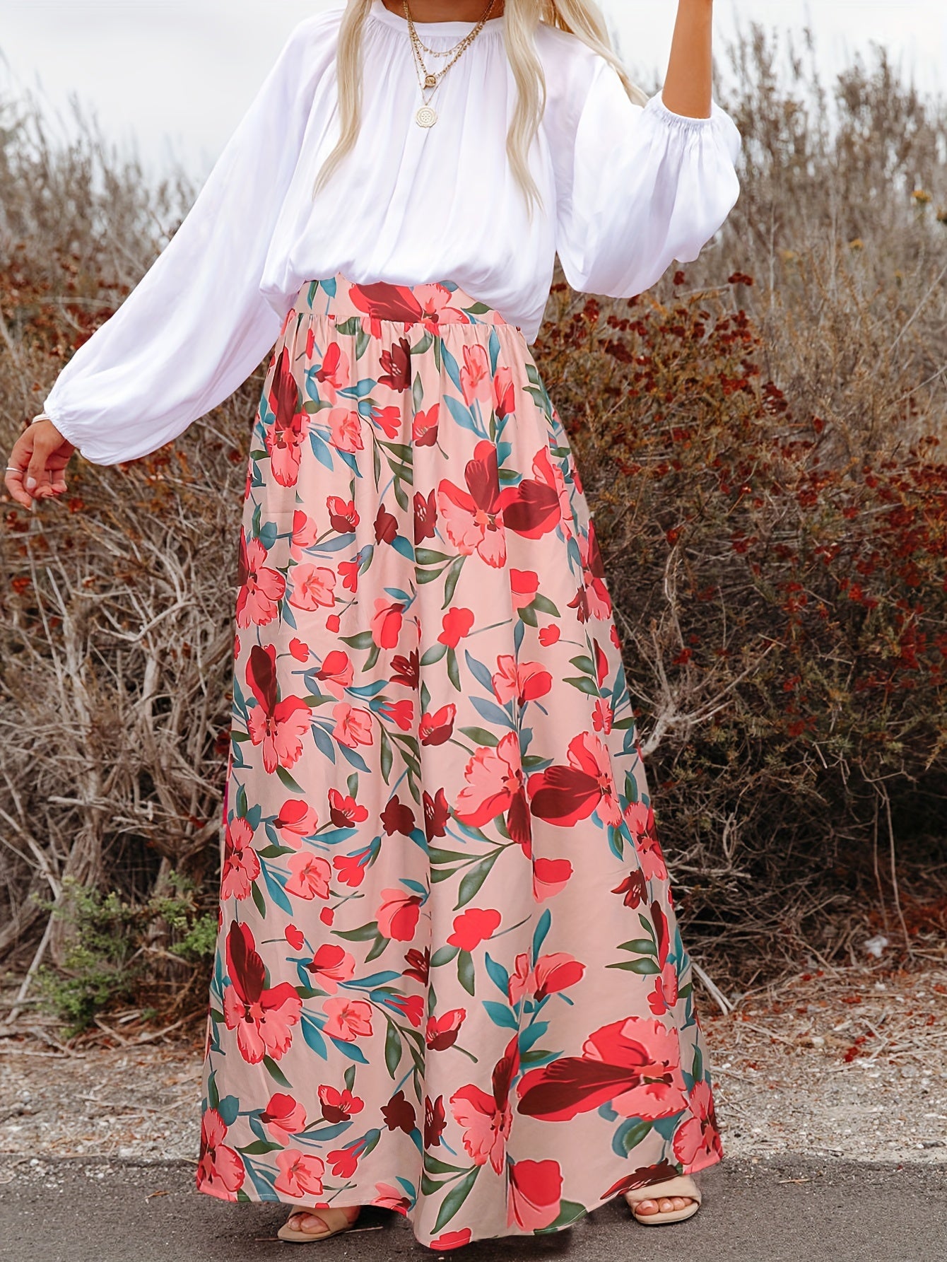  Boho Maxi Skirt Women's Floral Print Elastic Waist High Rise