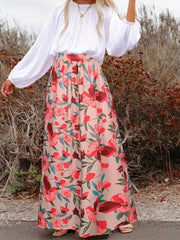  Boho Maxi Skirt Women's Floral Print Elastic Waist High Rise