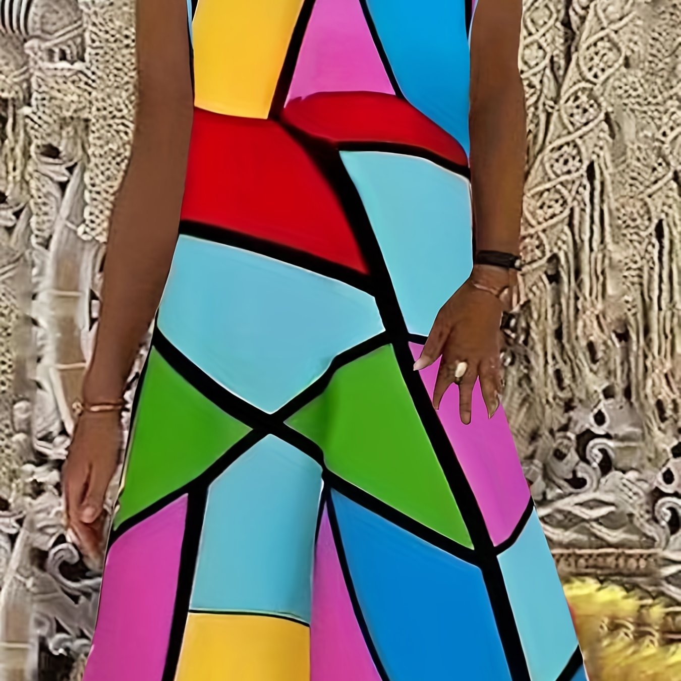  Geometric Print Tank Dress Round Neck Stretch Dress