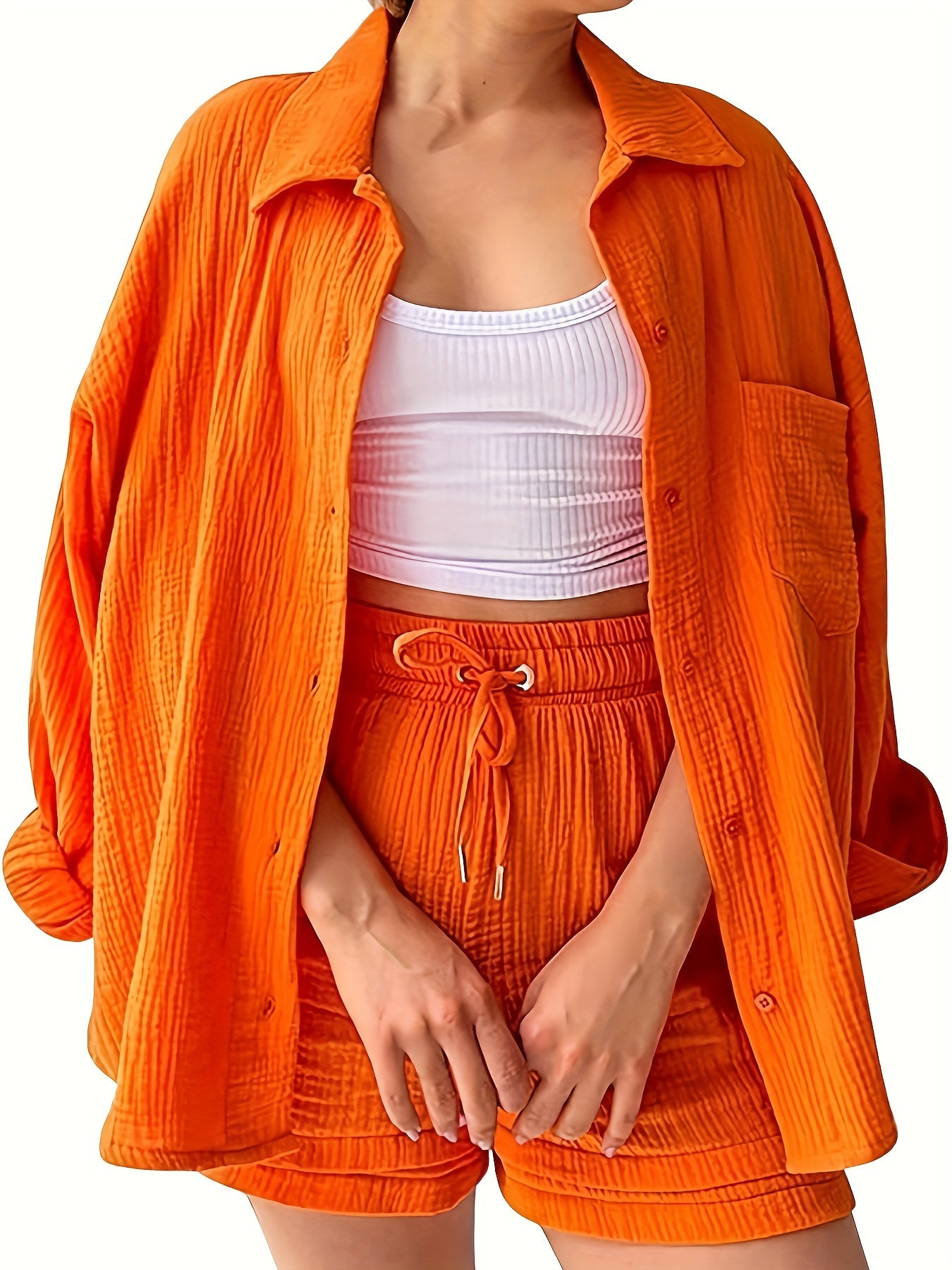 Casual Two piece Set Button Front Shirt & Drawstring Waist S