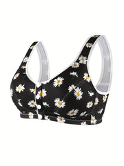 4pcs Floral Print Wireless Bras Front Buckle Push Up Bra Women's Lingerie
