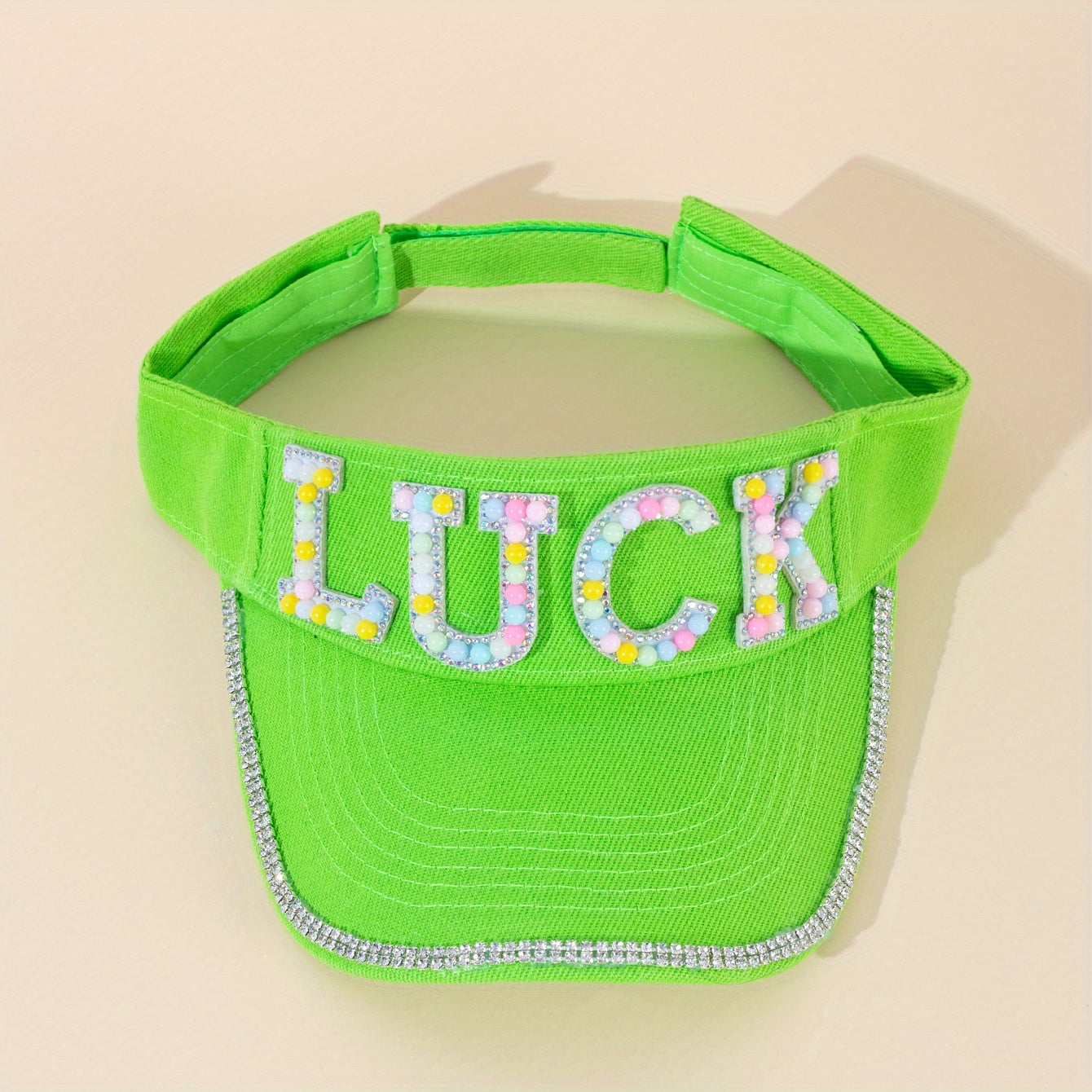 Green Visor Hat with Faux Pearl Rhinestone Decor