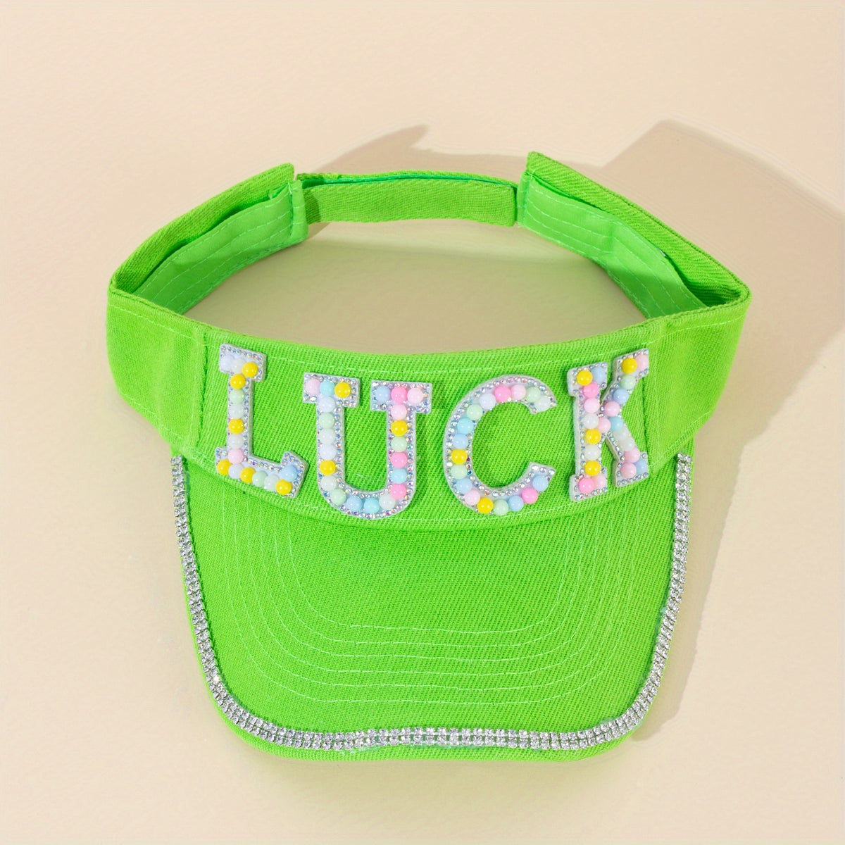 Green Visor Hat with Faux Pearl Rhinestone Decor