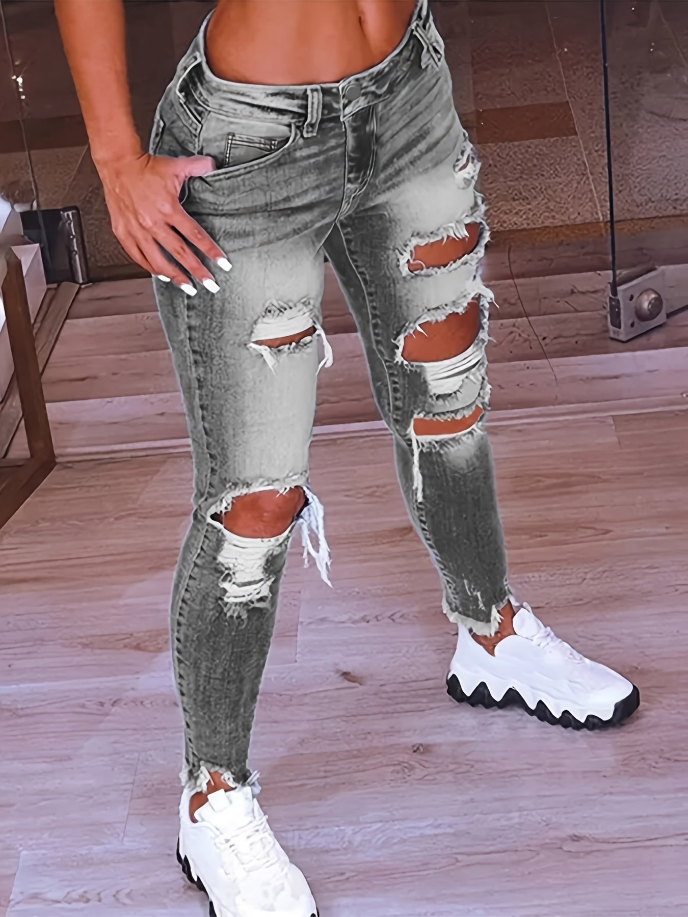  High Rise Skinny Jeans, Distressed Ripped, Button Fly