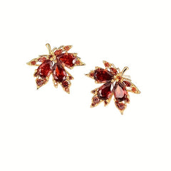 Adjustable Ring Necklace And Earrings Set Red Leaf Artificial Diamond