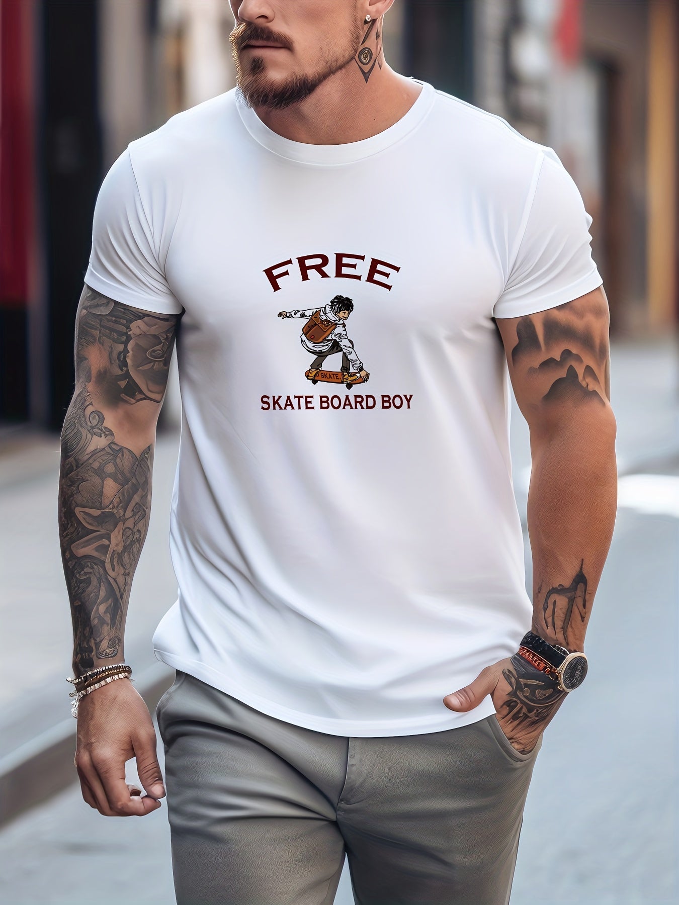 Skateboarder & Mountain Print Men's Comfy T shirt Graphic Tee