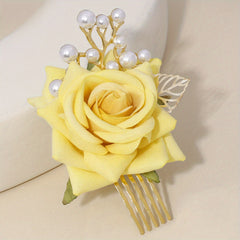Rose & Faux Pearl Decor Hair Comb Hair Pin Wedding Headwear