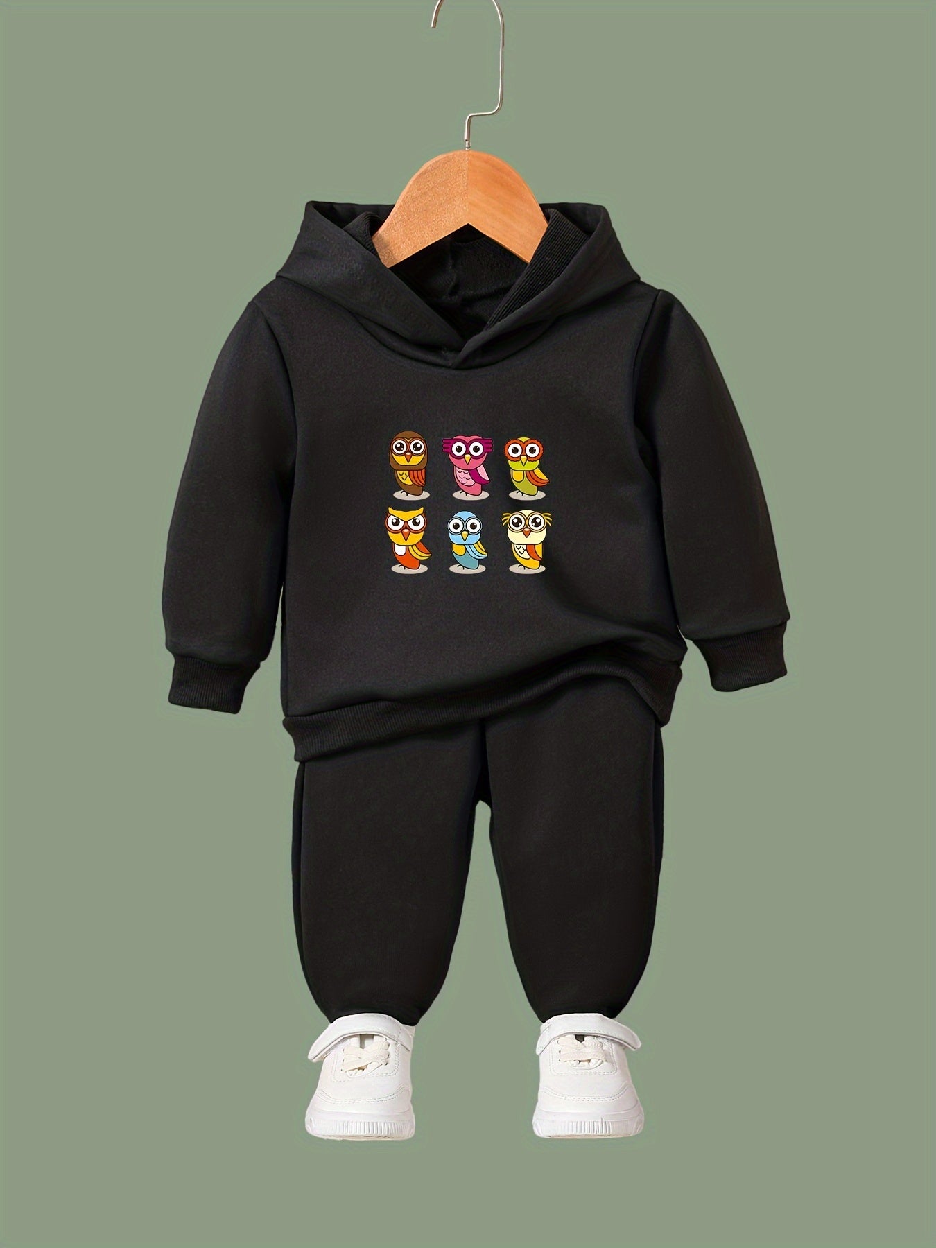 Cartoon Owls Print Hoodie & Pants Set Girl's Sporty Clothes