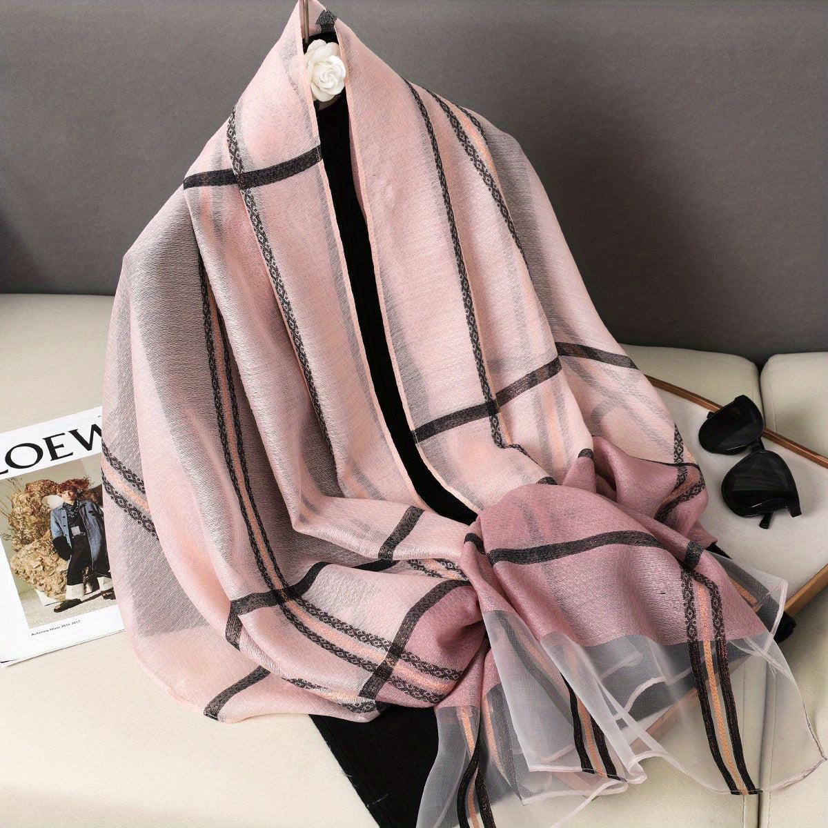 Soft Pink Mesh Scarf Lightweight Stripe Shawl Wrap
