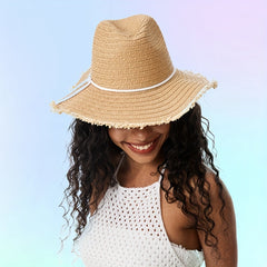 Khaki Raw Brim Sun Hat British Style Classic Straw Hat Rope Bowknot Jazz Fedora
