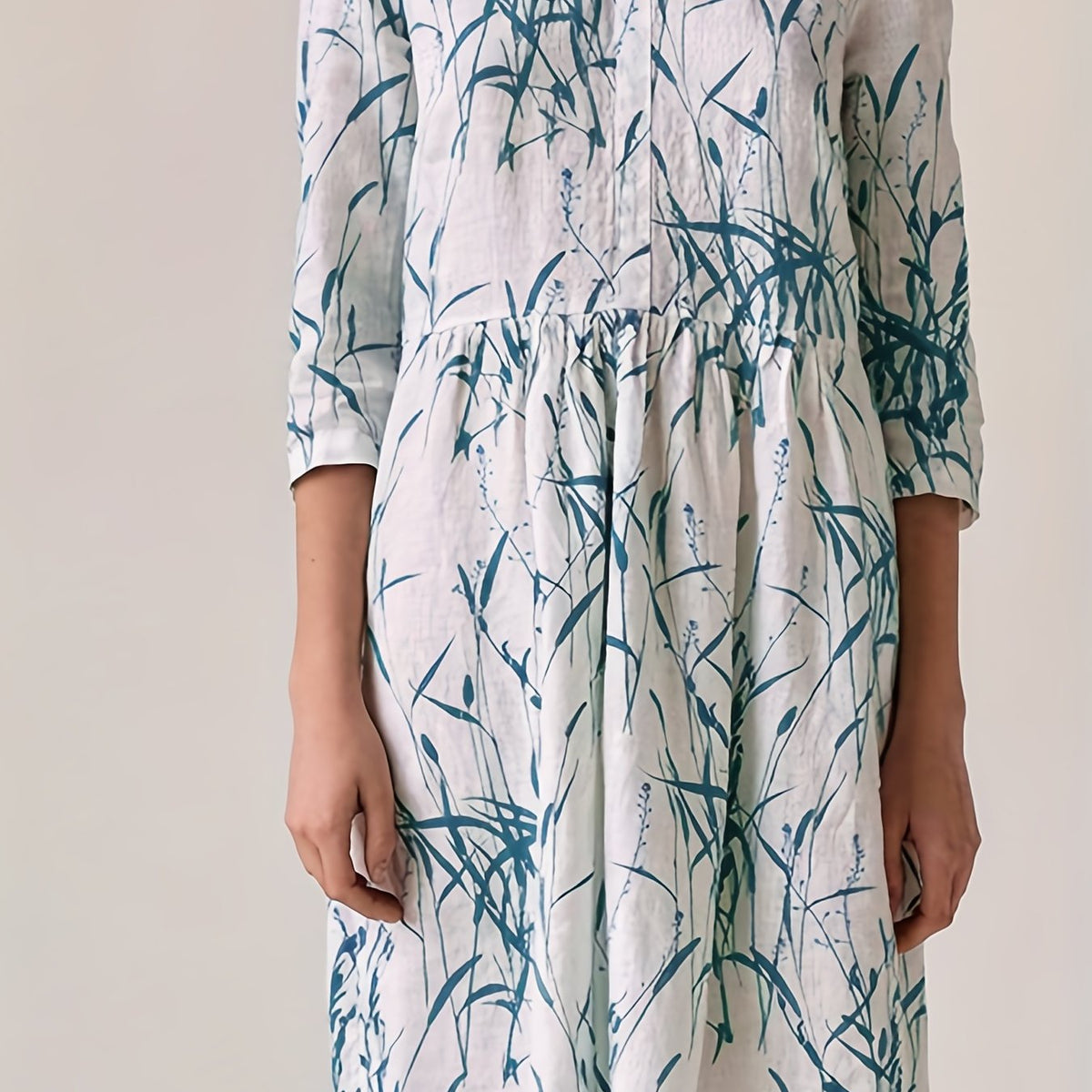  Leaf Print Half Sleeve Round Neck Dress
