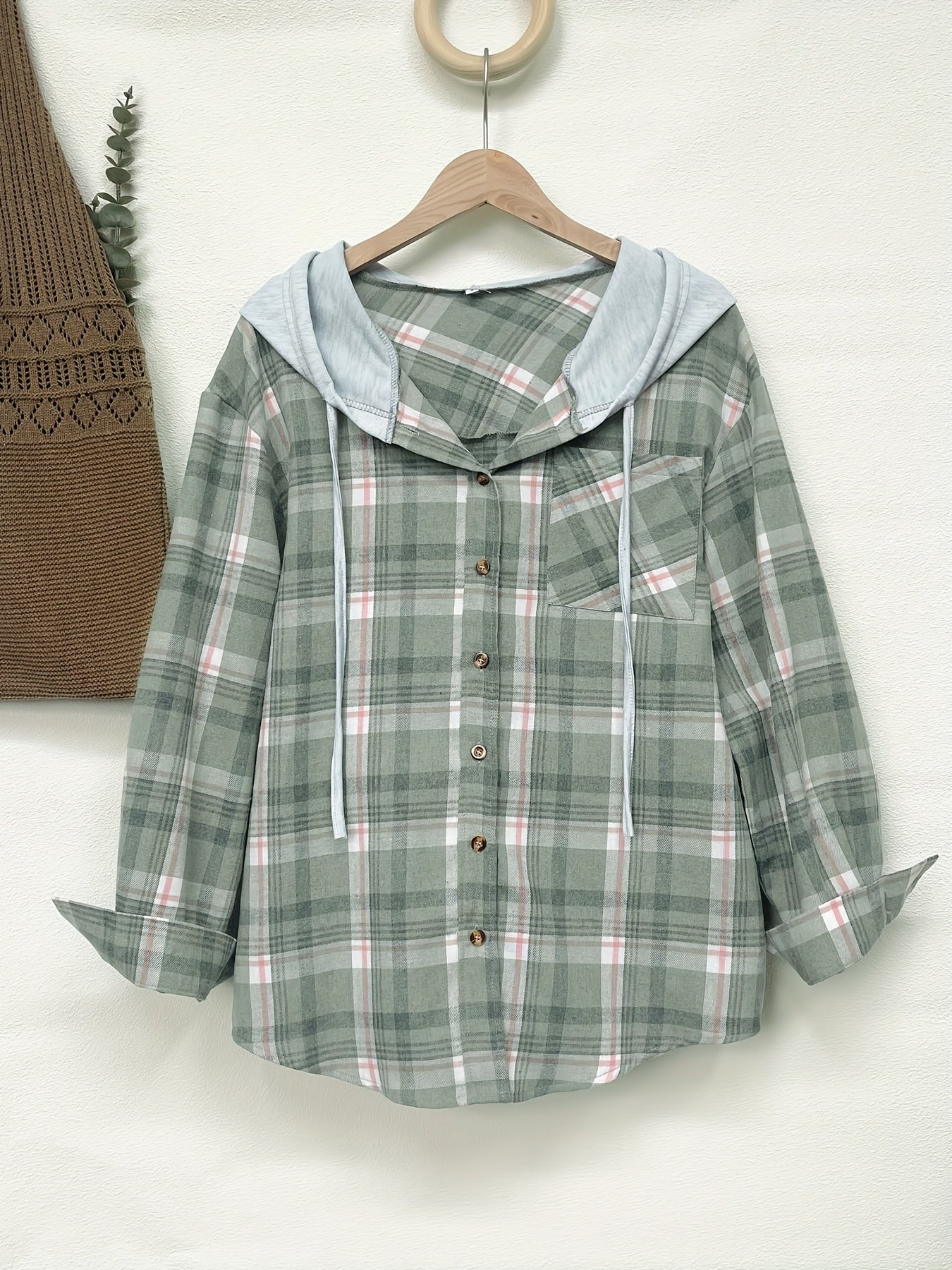 Plaid Print Hooded Jacket Button Front Outerwear Spring & Fall