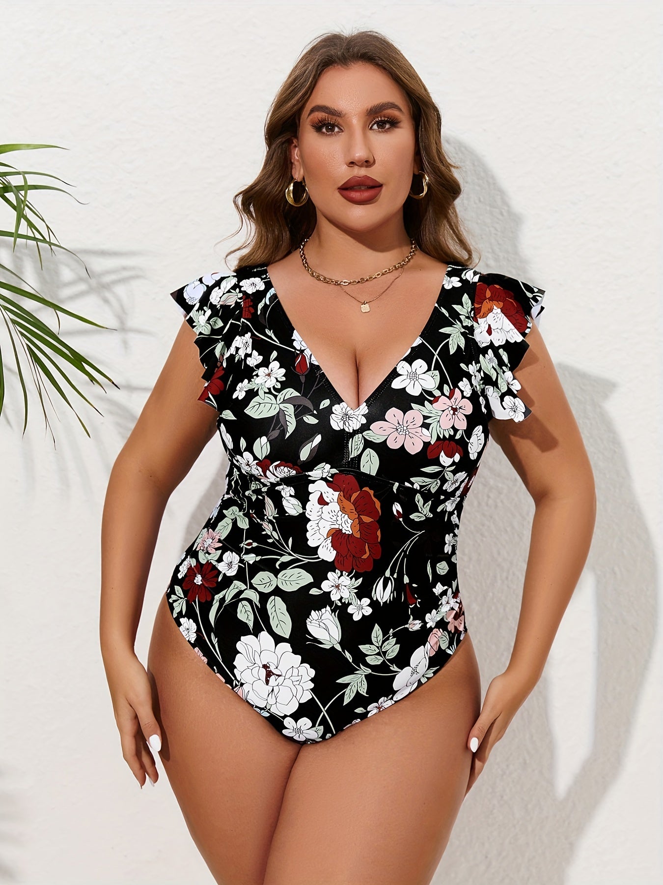  Floral Print Ruffle Sleeve V Neck One Piece Swimsuit