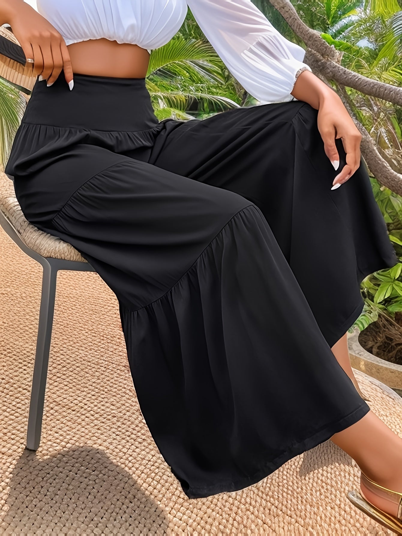  Women's Solid Wide Leg High Rise Ruched Pants