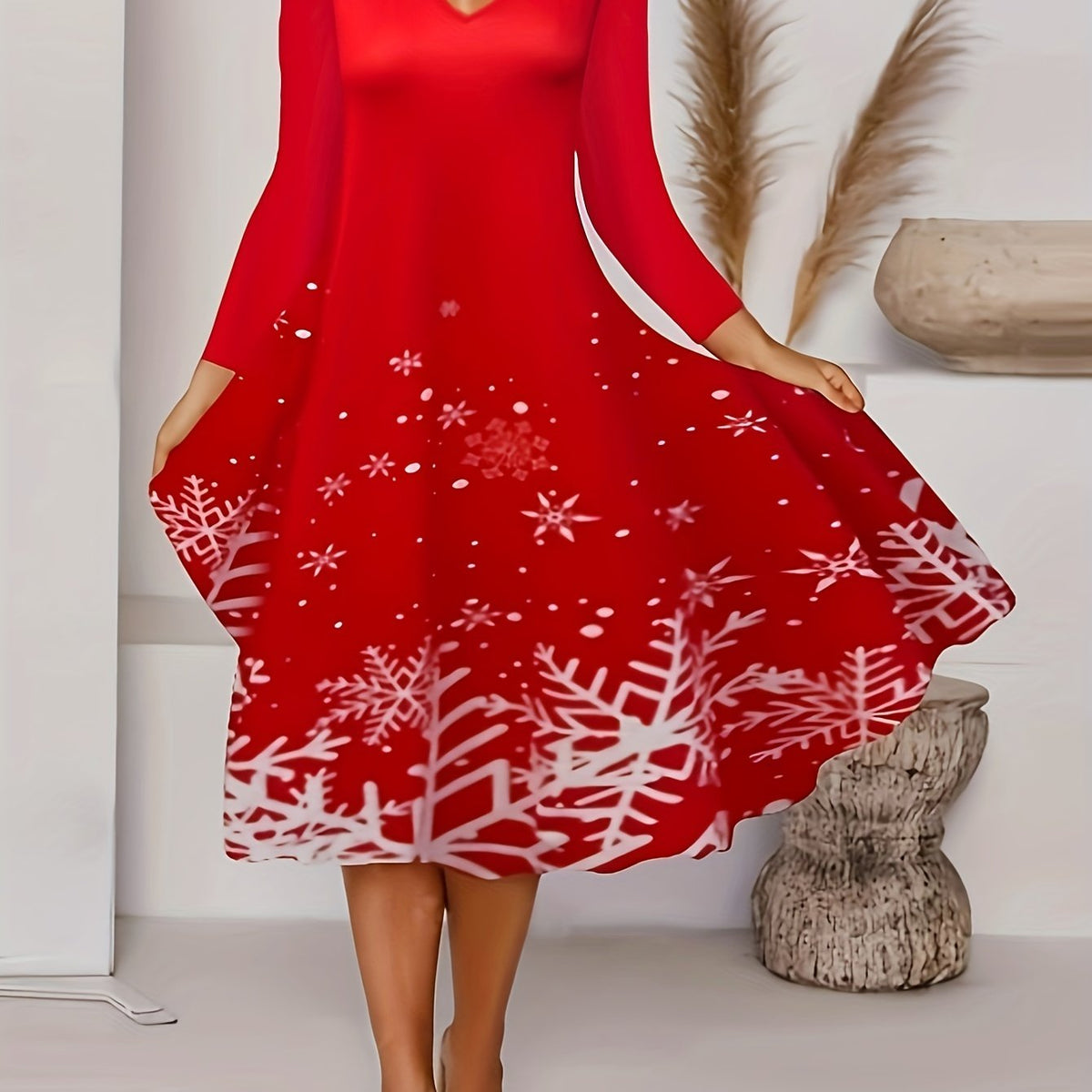  Snowflake Print V Neck Knee Length Dress