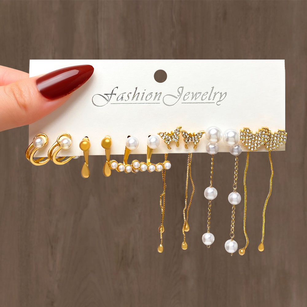 Butterfly Drop Earrings & Faux Pearl Stud Set