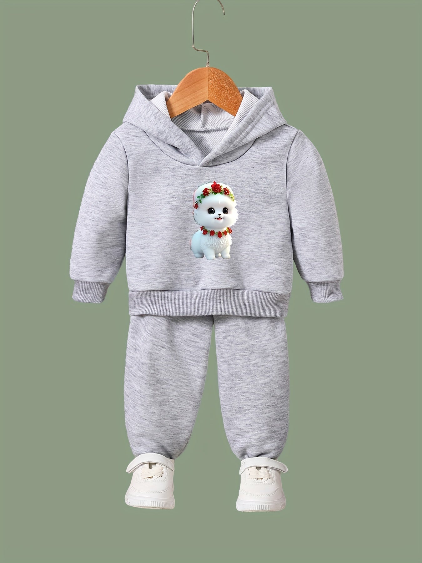 Cartoon Dog Print Hoodie & Pants Set Girls Sporty Outfit