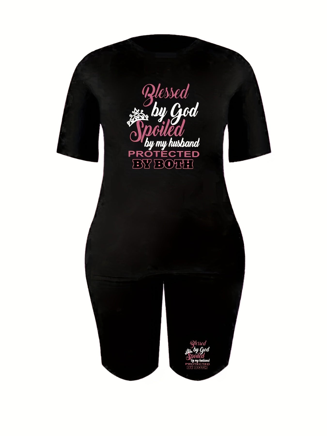  2 Piece Set Women's Plus Crown & Letter Print Tee & Shorts