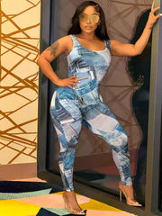 Denim Print Slim Tank Jumpsuit Casual Sleeveless Jumpsuit