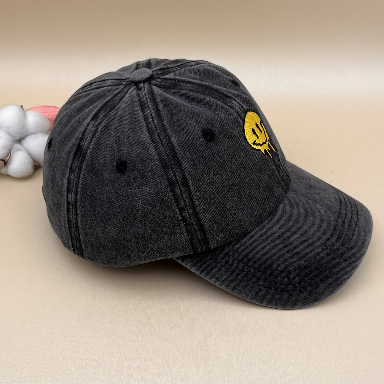 Yellow Smiling Face Baseball Cap Embroidered Distressed Sun Hat