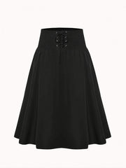  Gothic Skirt Solid Shirred Lace Up High Rise A line Maxi