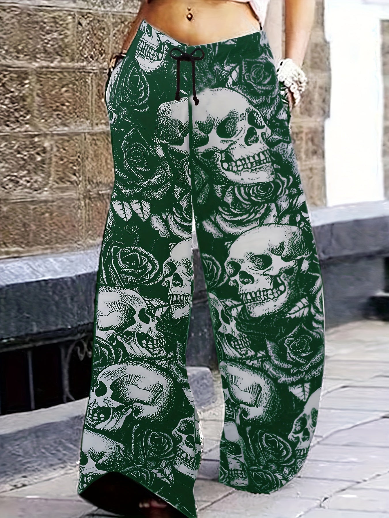  Halloween Skull Print Wide Leg Pants