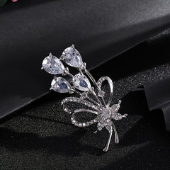 Rhinestone Flower Brooch Pin Zircon Crystal Silvery Plated 1pc