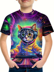 Cat DJ 3D Print Boy's T-Shirt Kids Casual Short Sleeve Breathable