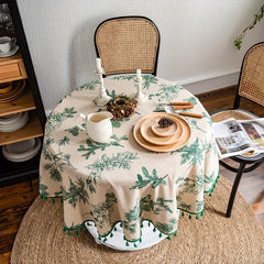 Green Pine Cone Print Round Fringed Tablecloth