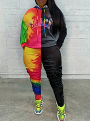  Colorblock Tie Dye Hooded Sweatshirt & Ruched Skinny Sweatpants