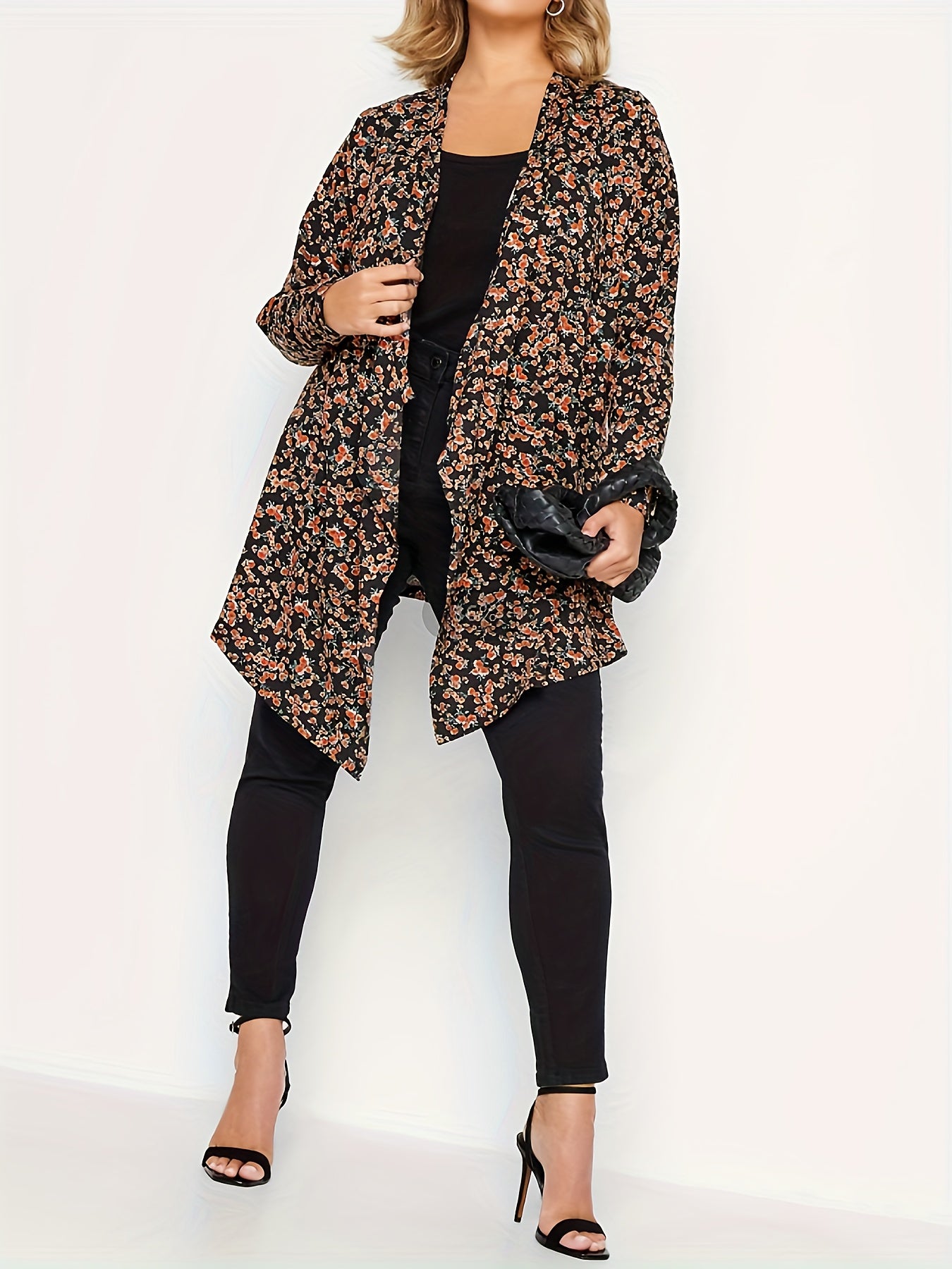  Ditsy Print Long Sleeve Open Front Cardigan