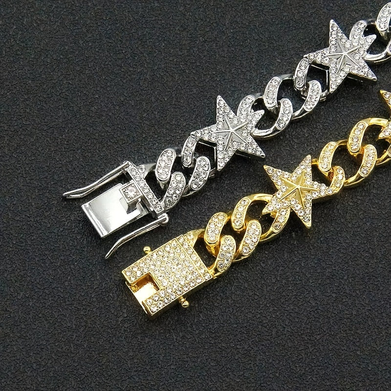 Cuban Hip Hop Artificial Diamond Pentagram Chain Necklace
