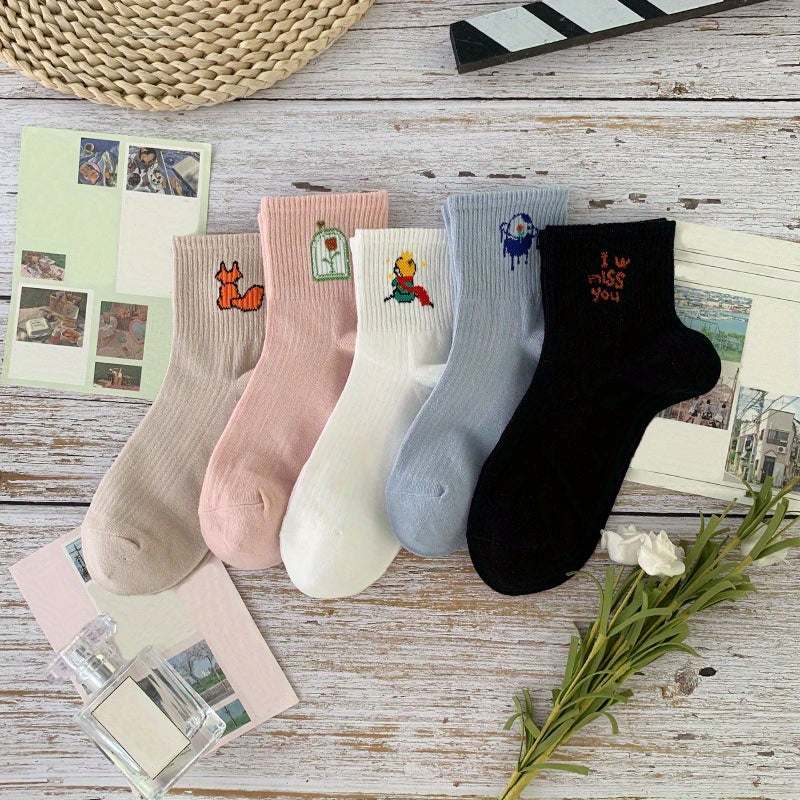 5 Pairs Cartoon Print Socks Women's Stockings & Hosiery