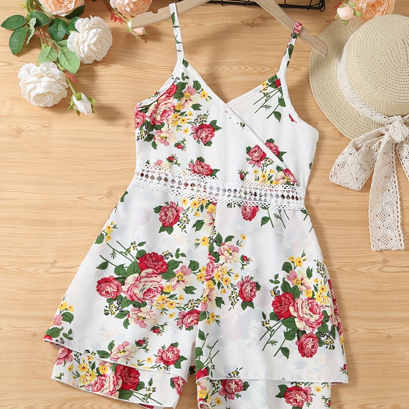 Toddler Girls Lace Trim Flowers Graphic Cami Rompers Wide Leg Jumpsuits