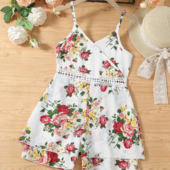 Toddler Girls Lace Trim Flowers Graphic Cami Rompers Wide Leg Jumpsuits