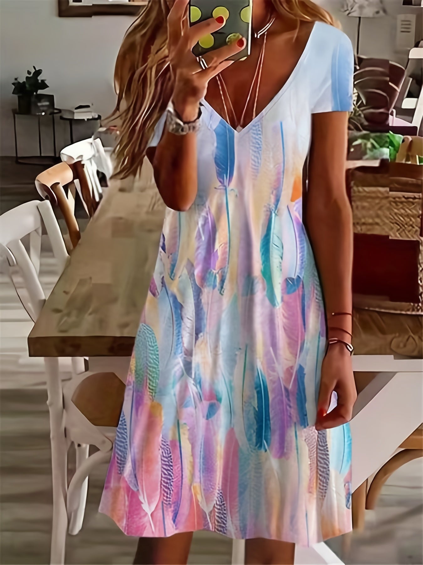 Feather Print Short Sleeve V-Neck Stretch Dress