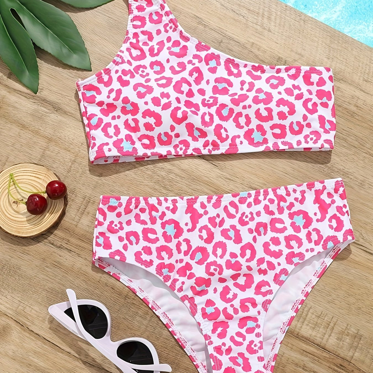 2pcs Leopard Print Swimsuit Set Girls Bikini Swimwear For Summer Beach