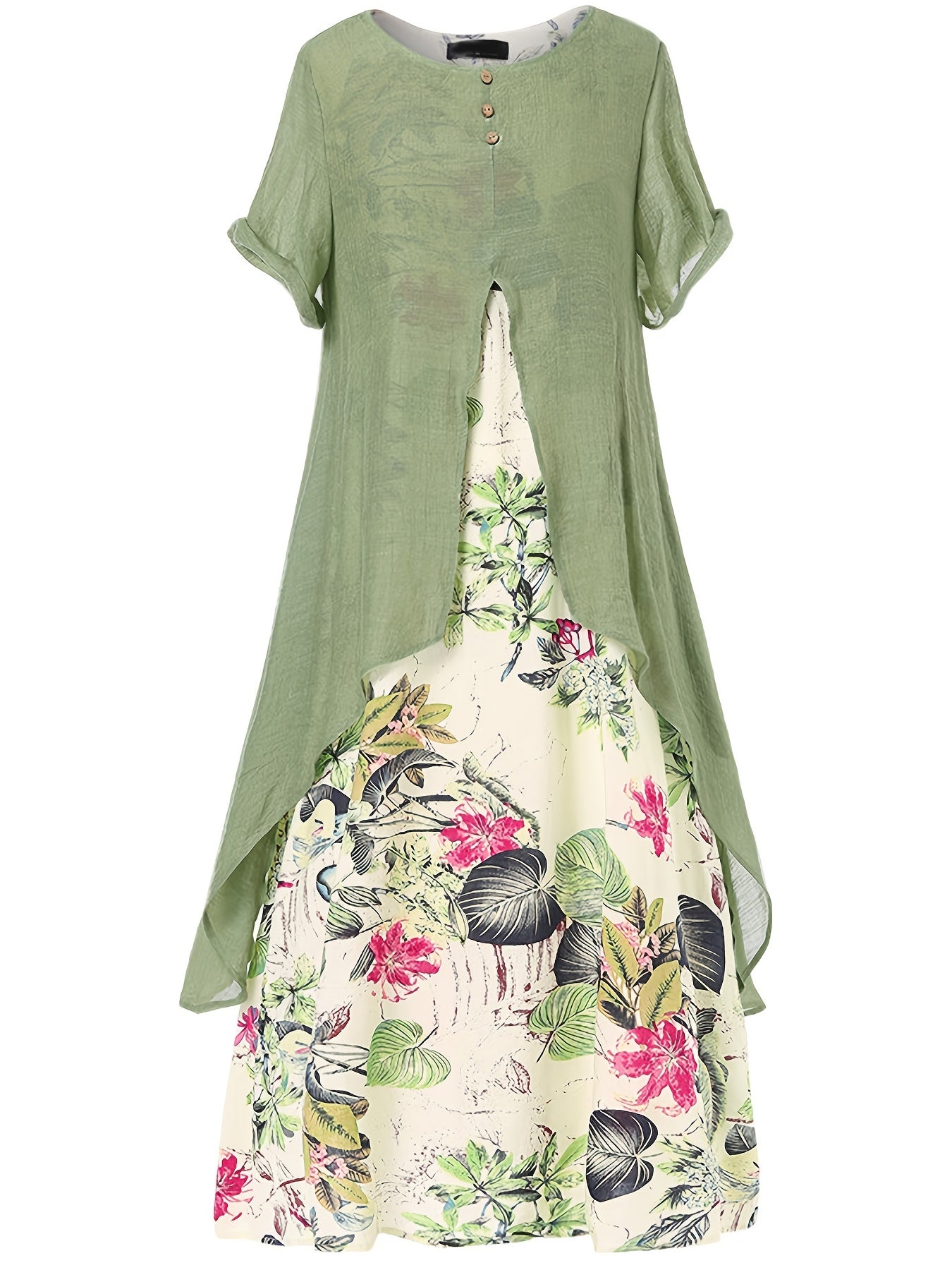 Asymmetrical Floral Print Dress Short Sleeve Crew Neck Casual Dress