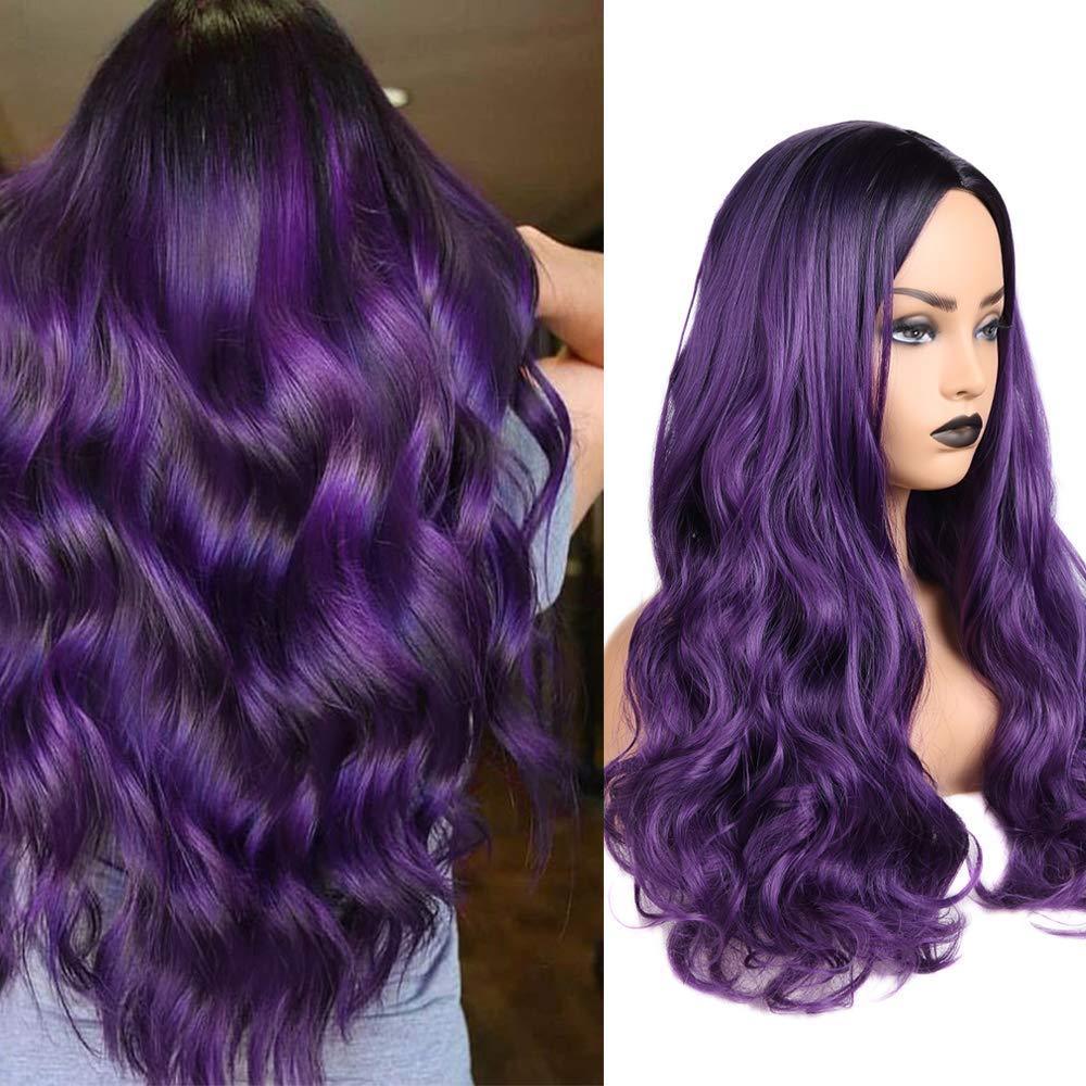 Colorful Long Wavy Wig Green Purple Middle Part Synthetic Hair for Halloween